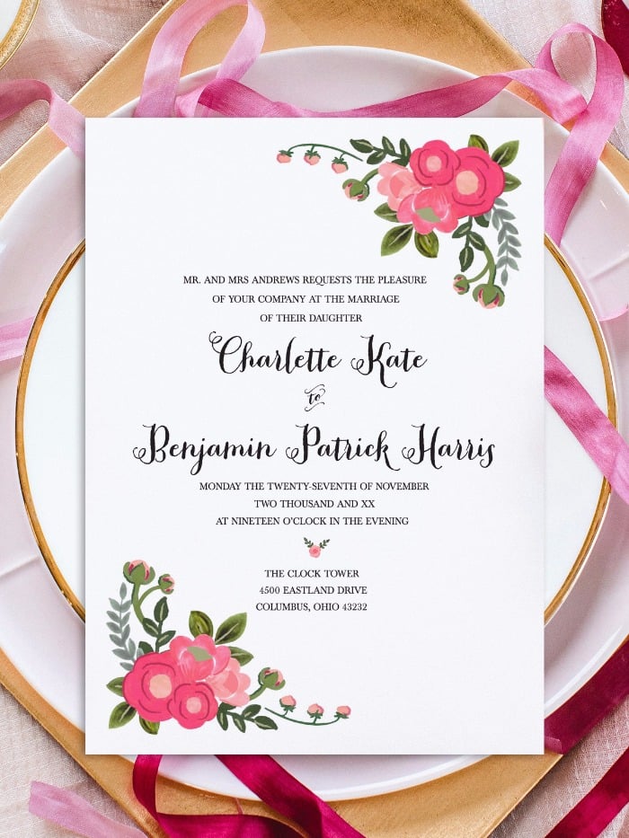 Print: Pink Flowers Free Printable Invitation Templates