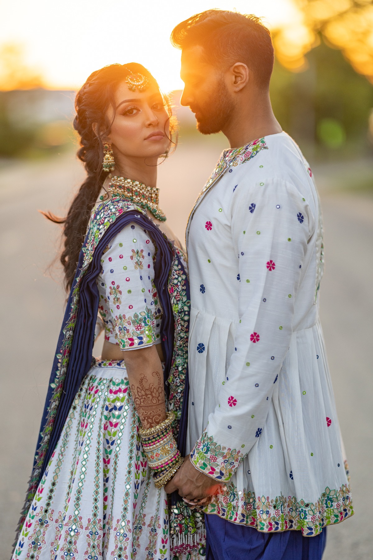 Portrait of bride and groom at golden hour