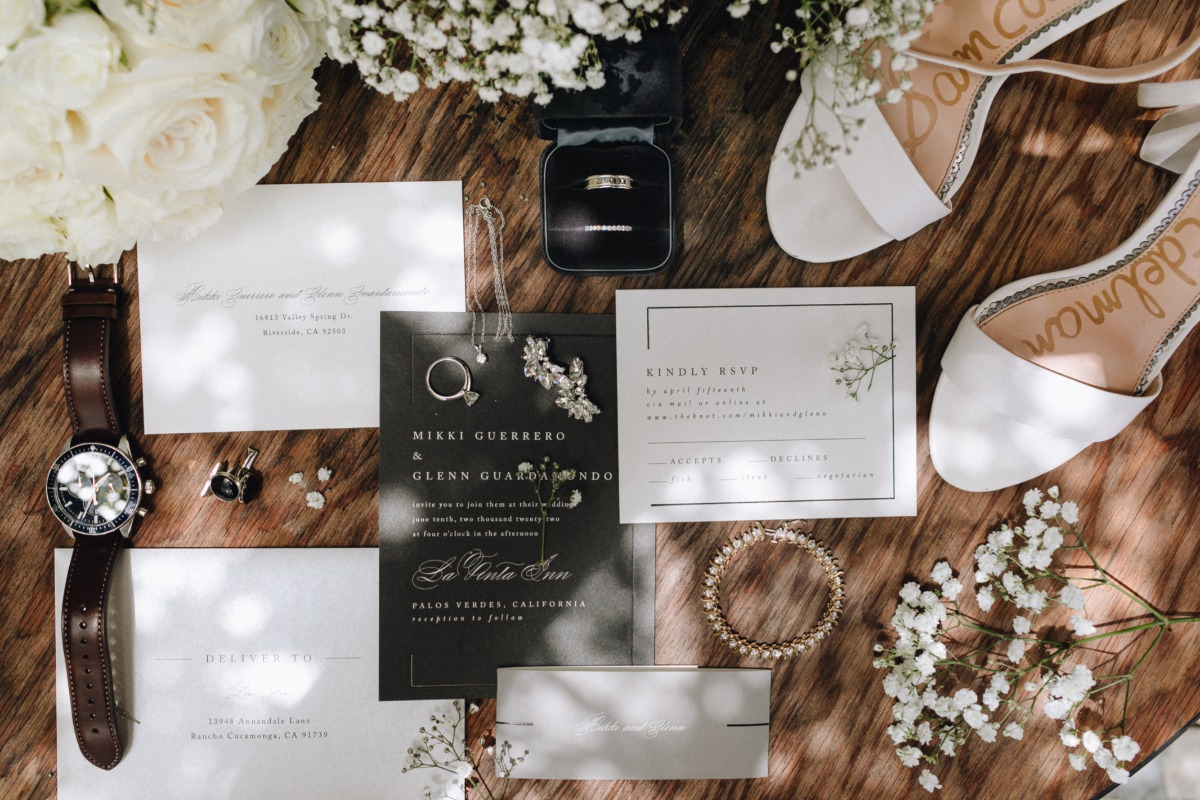 flat lay wedding invitations