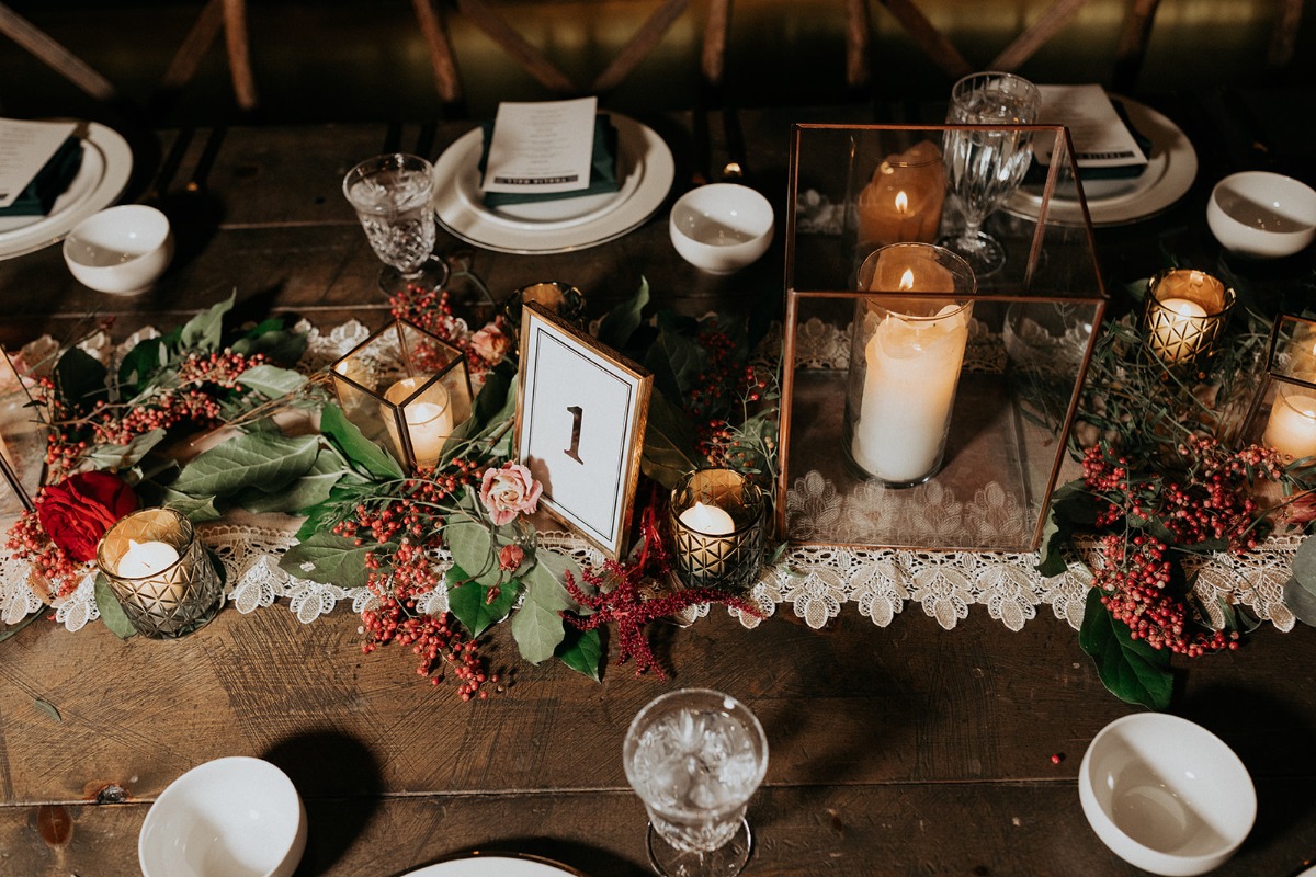 Tablescape with table number, candles, and flowers