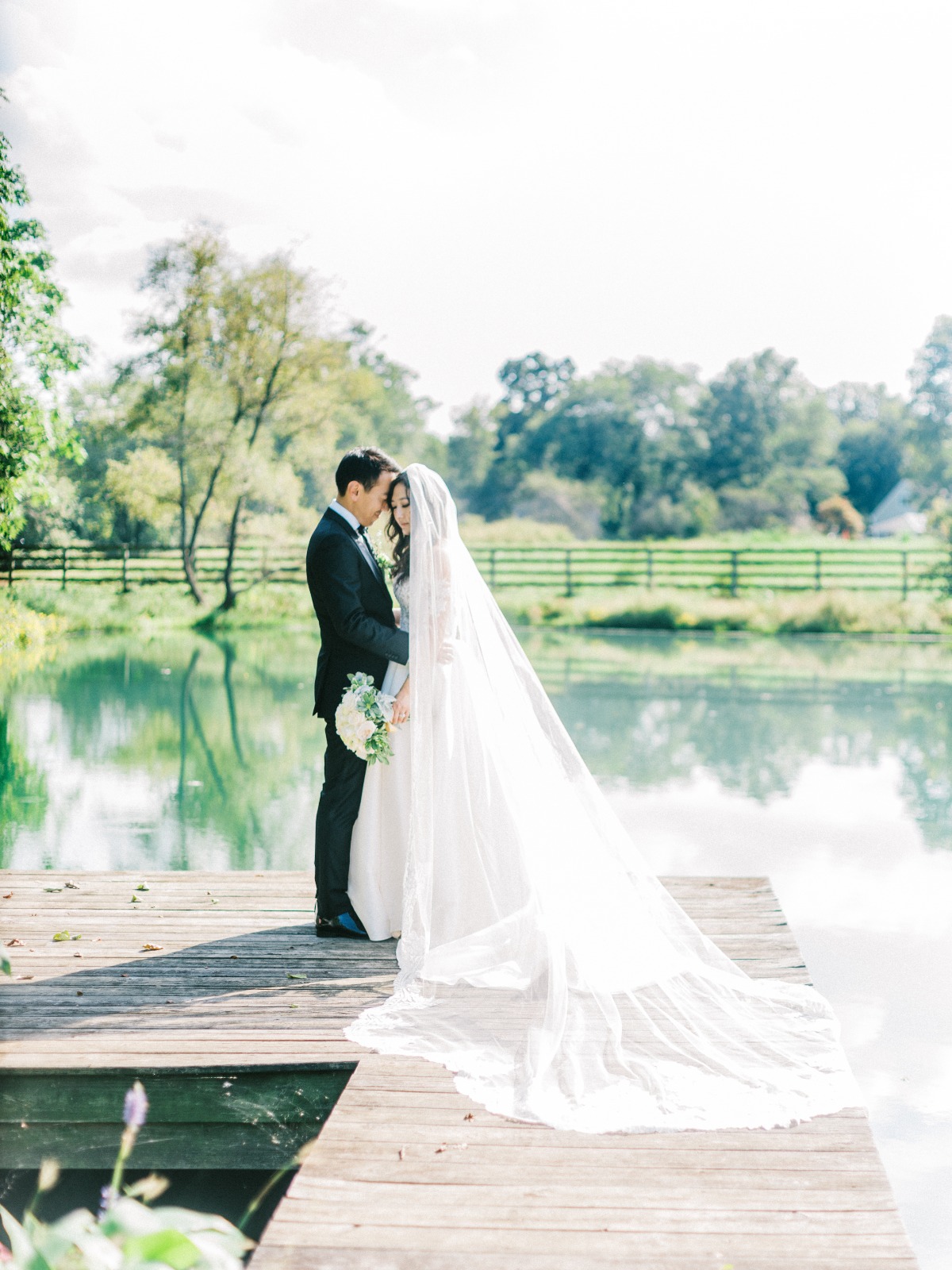 Portrait of bride and groom in front of lake