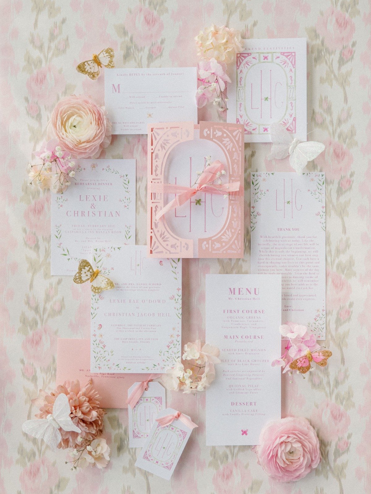 Aerial image of wedding invitations and stationery