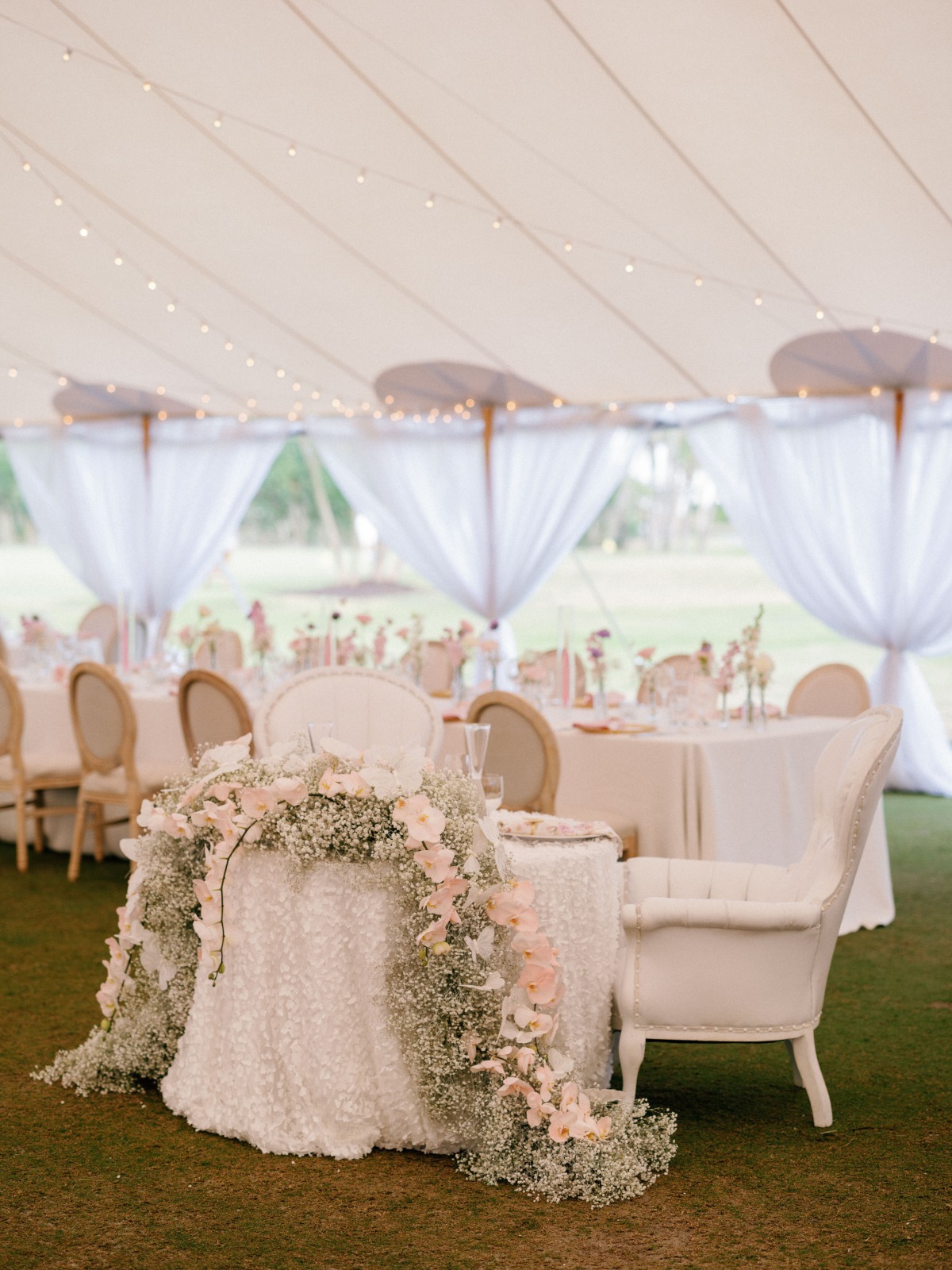 Sweetheart table with draping baby's breath and butterflies