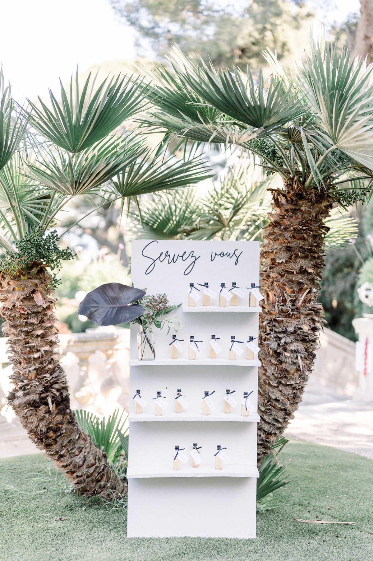 Wedding favor wall in front of tropical palm plant
