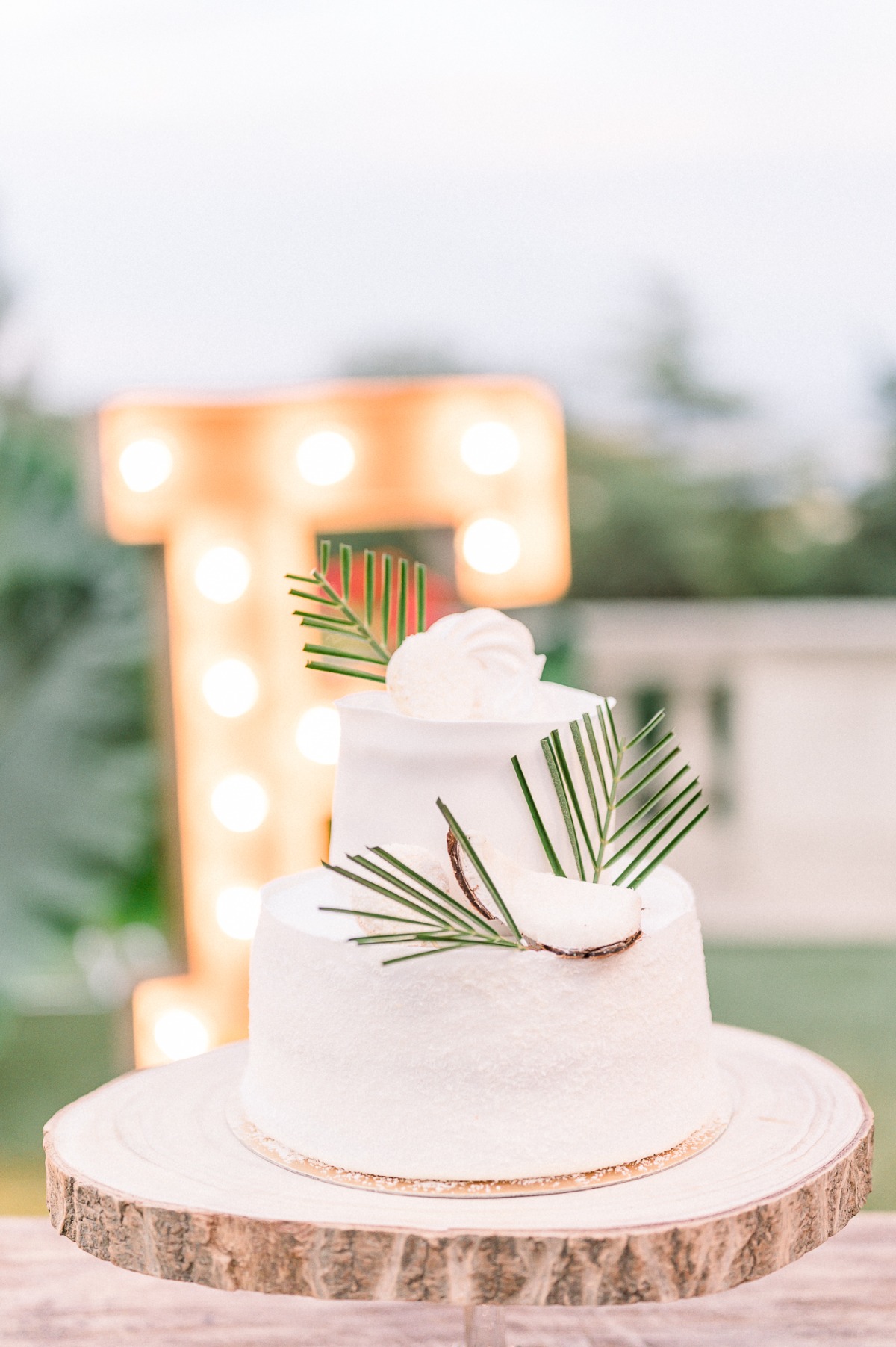 White wedding cake accented with leaves and coconut pieces