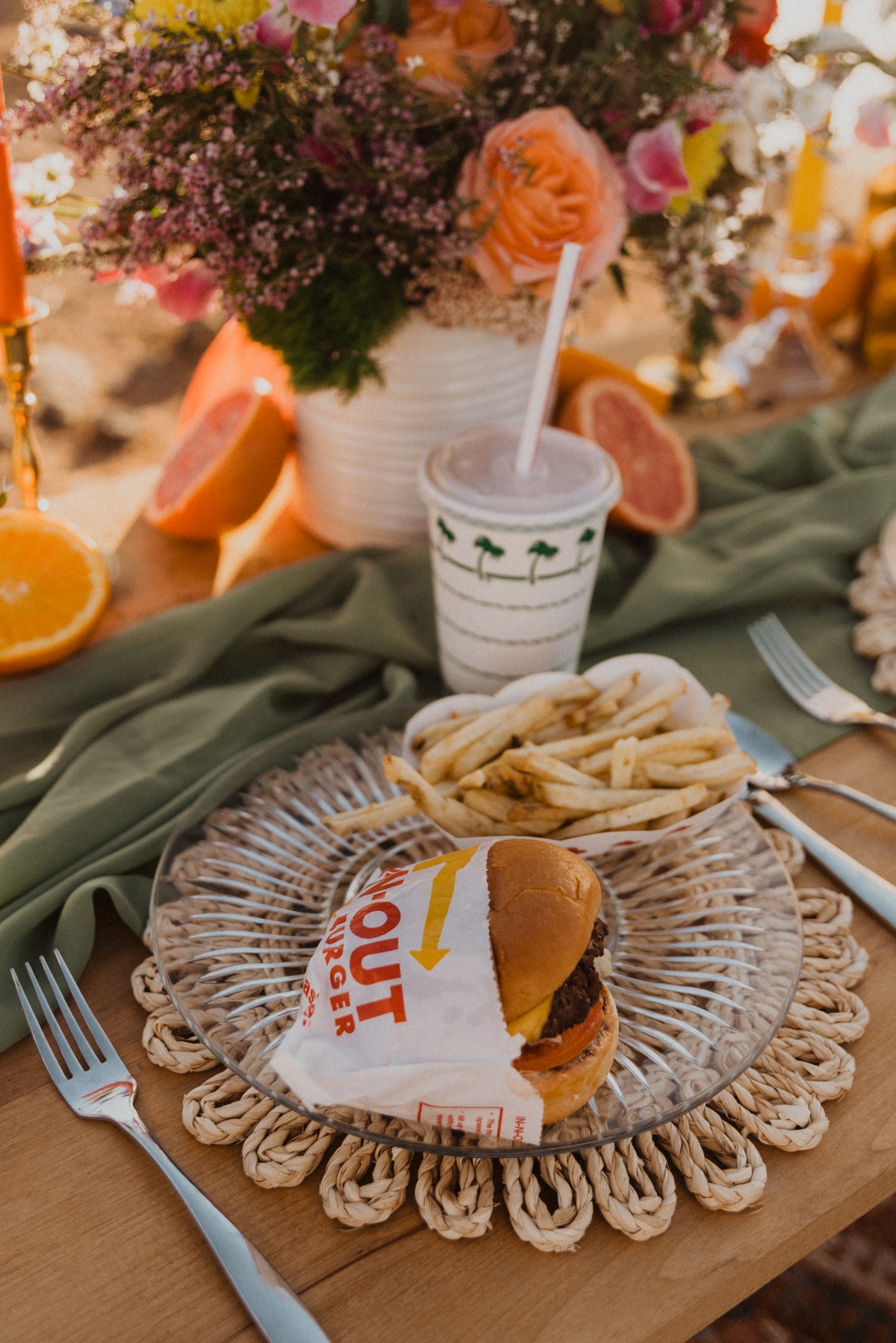 In-n-Out burger and fries on private reception table