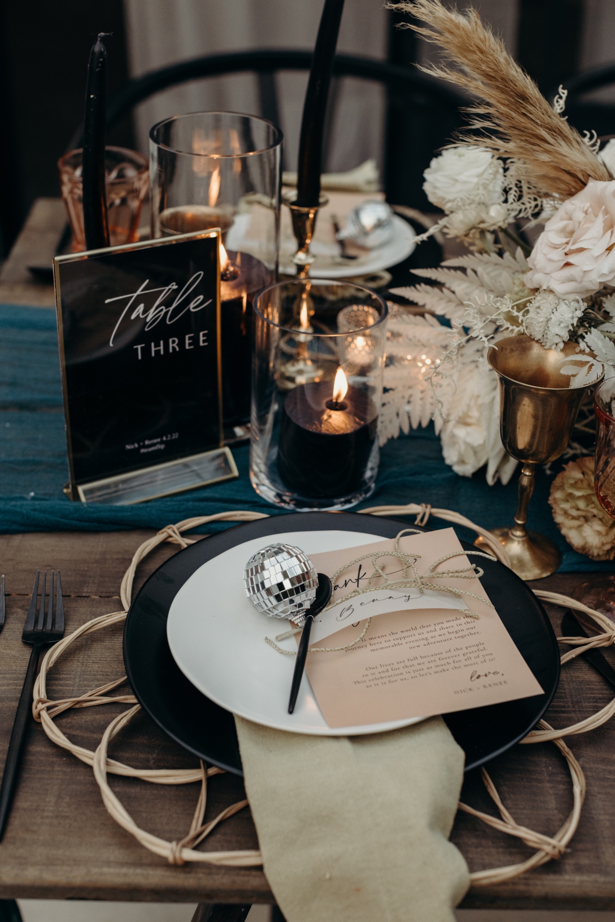 Reception place setting with menu and table number