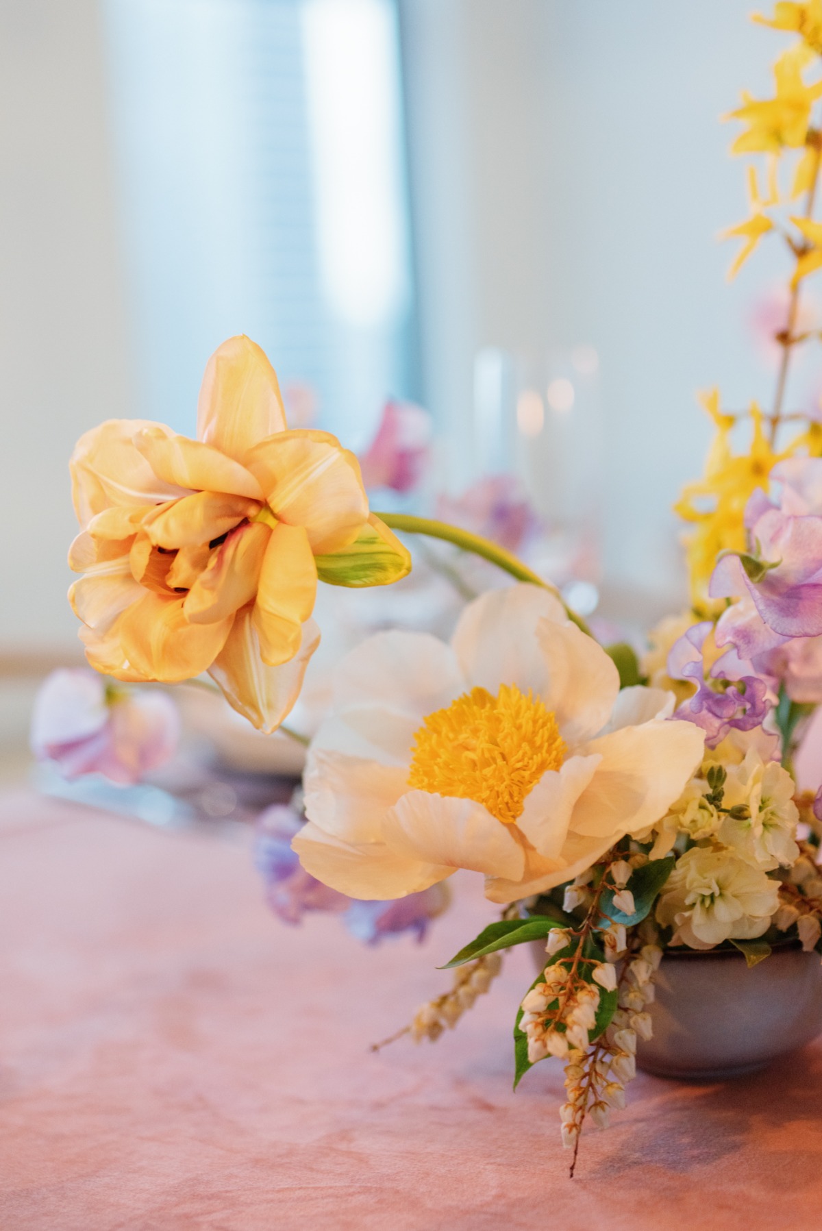 spring time wedding decor in soft purple and yellow