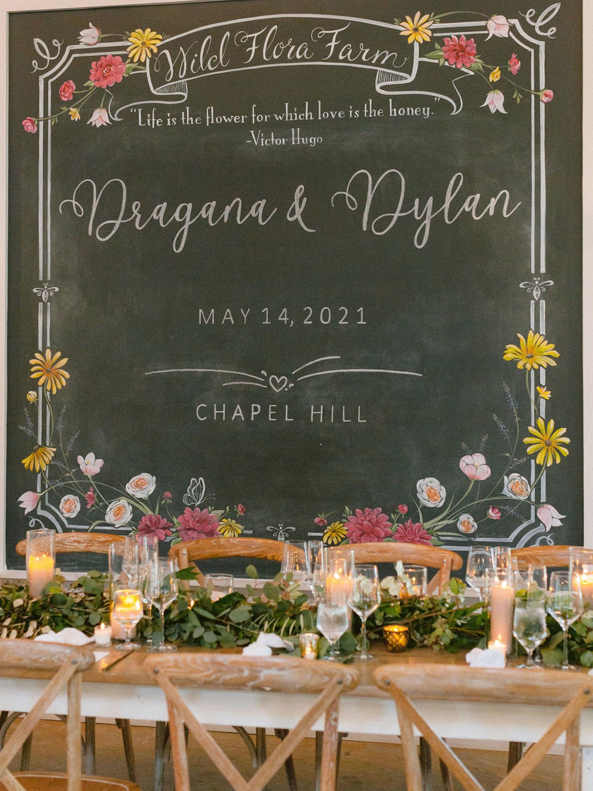 Backdrop wall behind table with chalk design and message