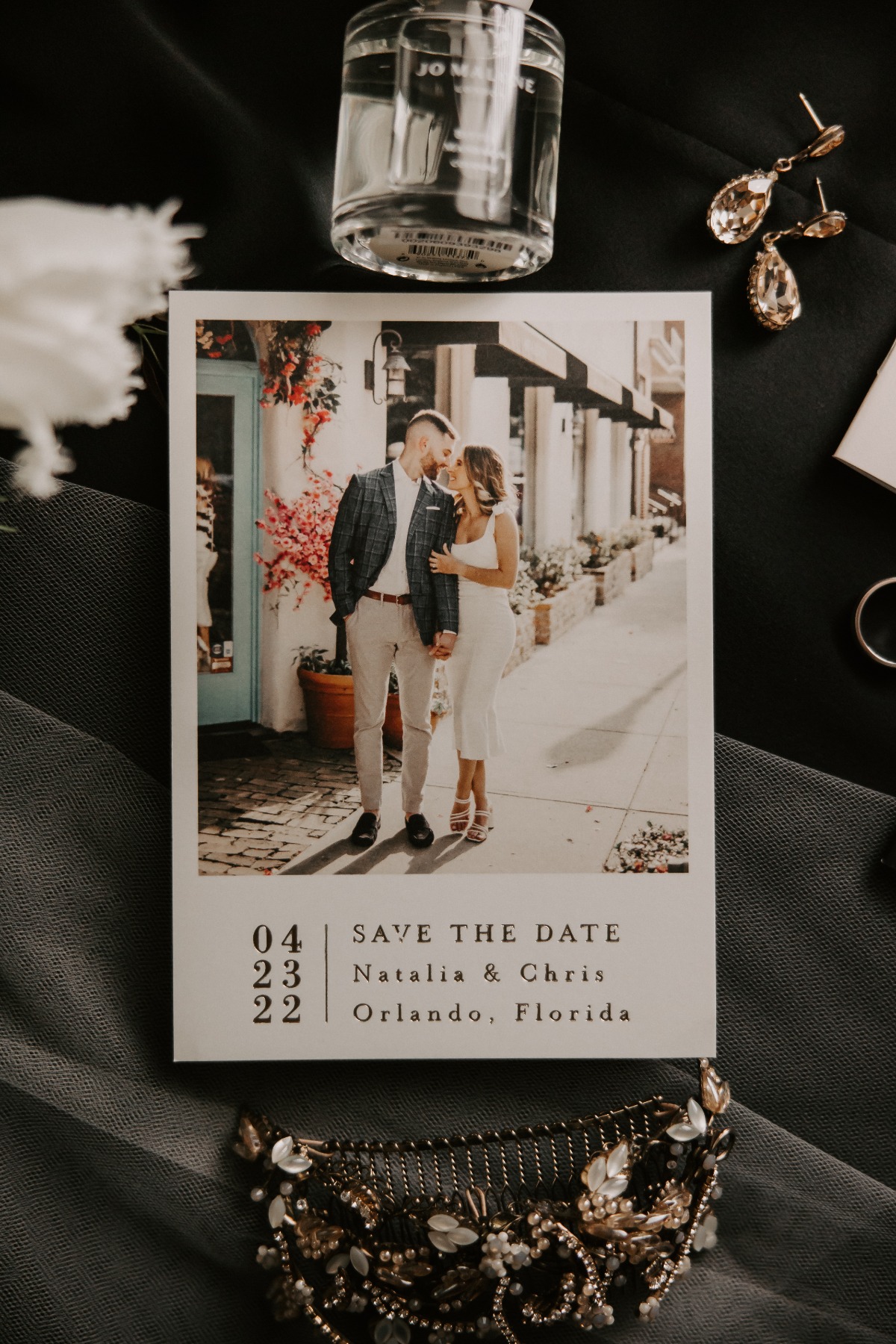 Aerial image of couple's save the dates