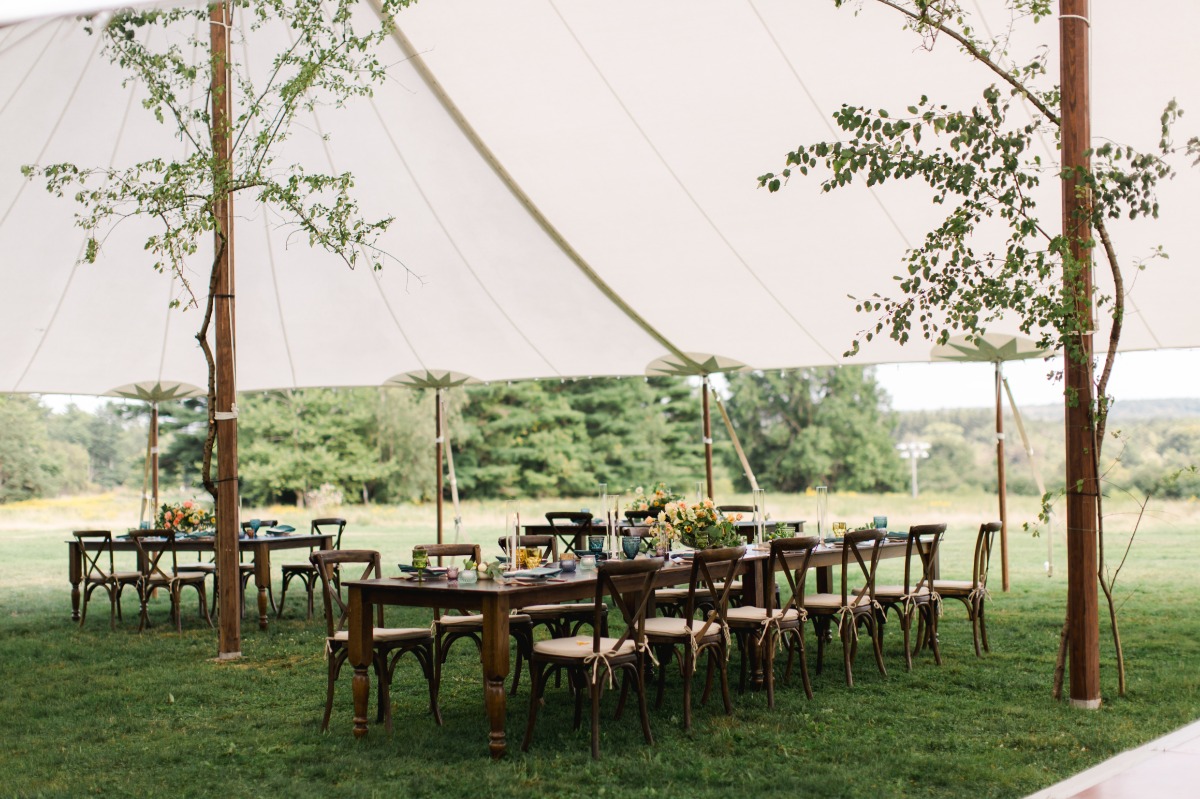 Reception tables underneath a tent with branches