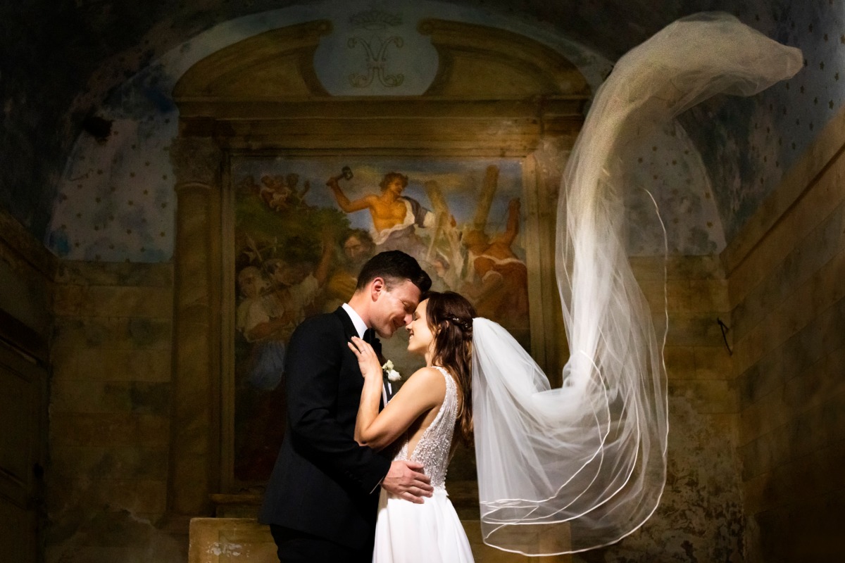 Flying veil wedding photography