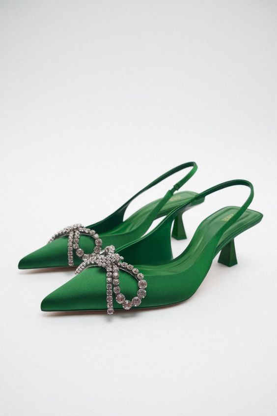 green satin sling back shoes