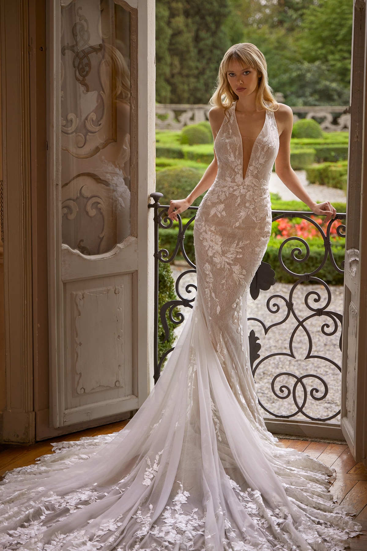 Amethyst Ines Di Santo wedding gown with plunging neckline
