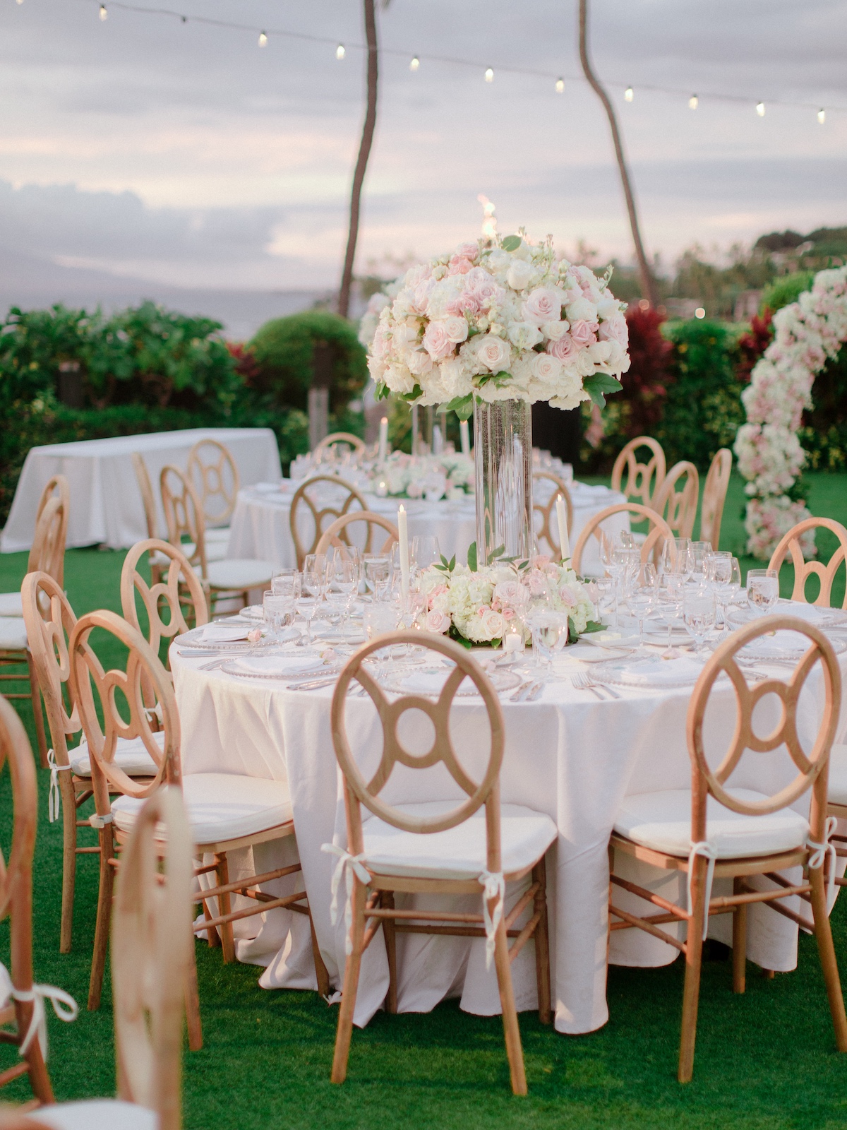 Pink and white wedding reception flowers