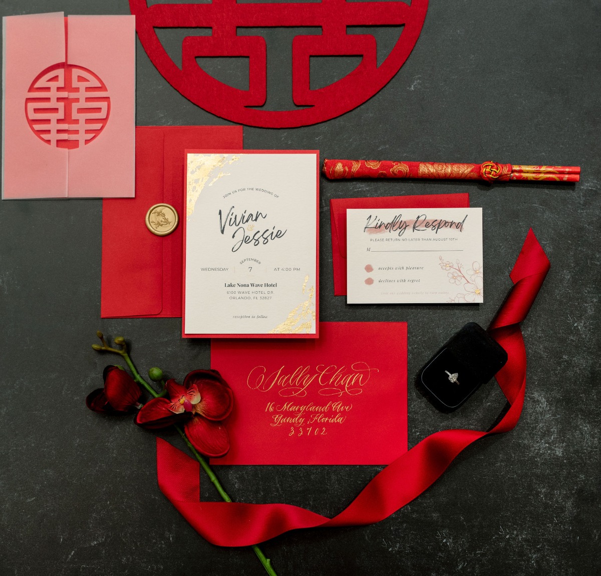 Contemporary red wedding stationery