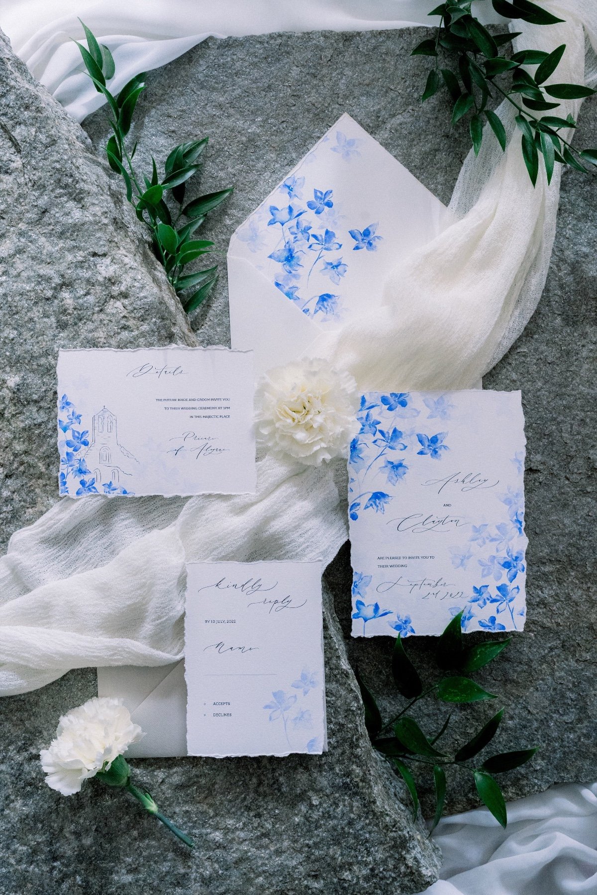 blue and white wedding invitations