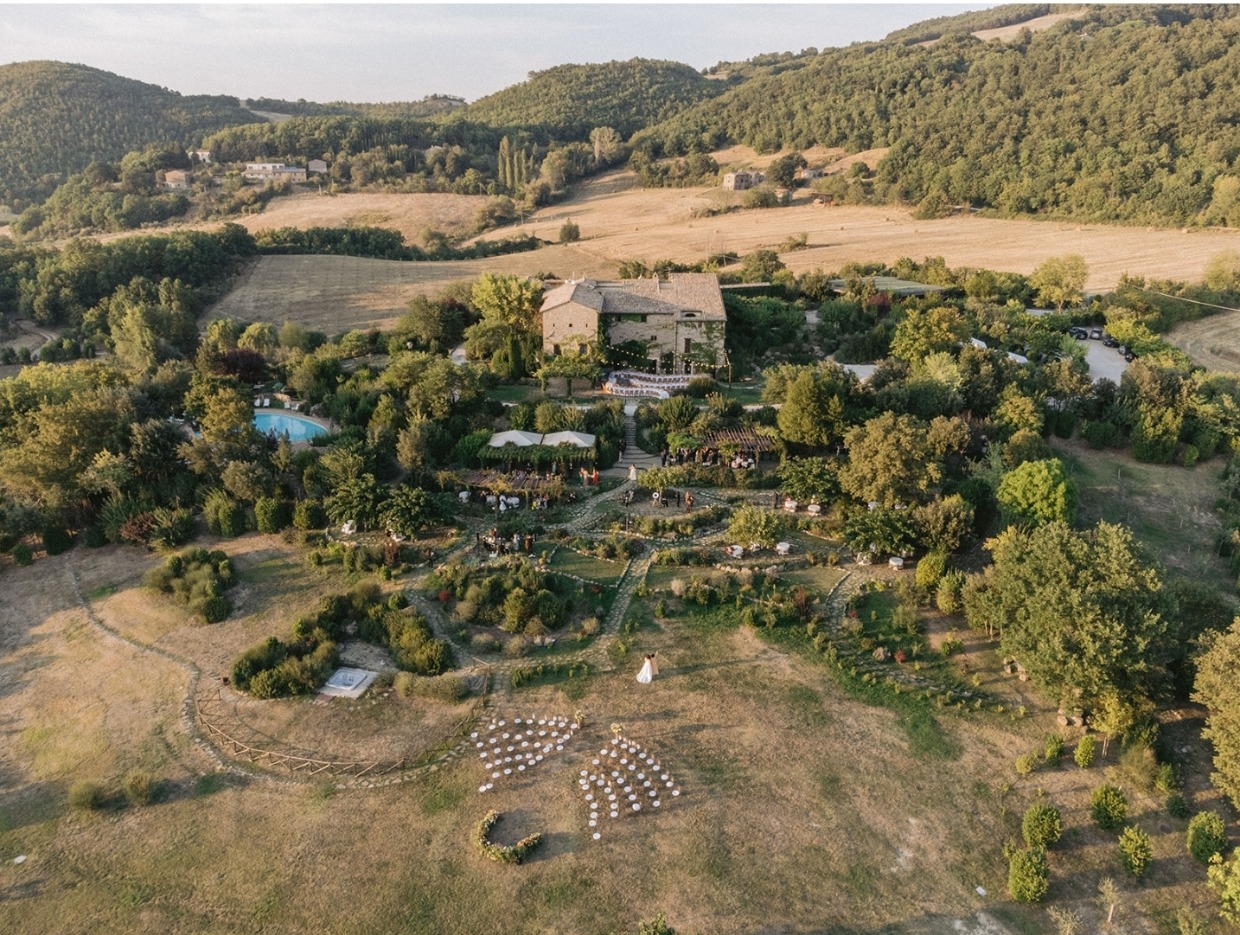 Lots of grass ceremony and pool from above