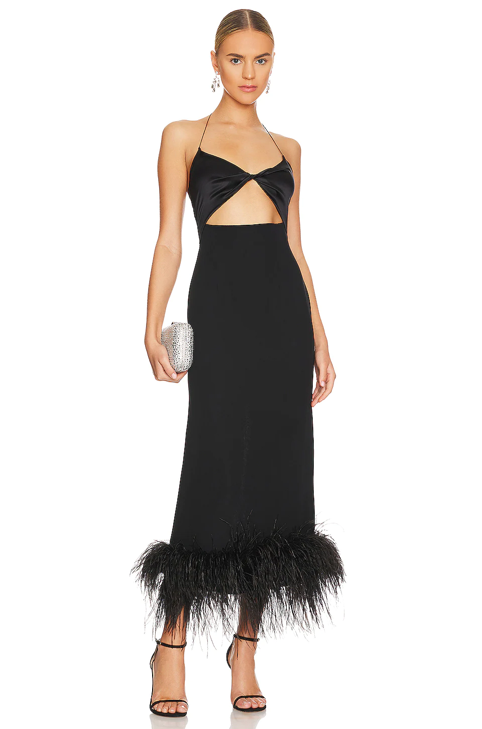 black LBD for engagement party with feathers