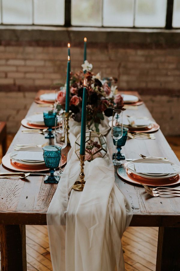 jewel tone tablescape for alt winter wedding
