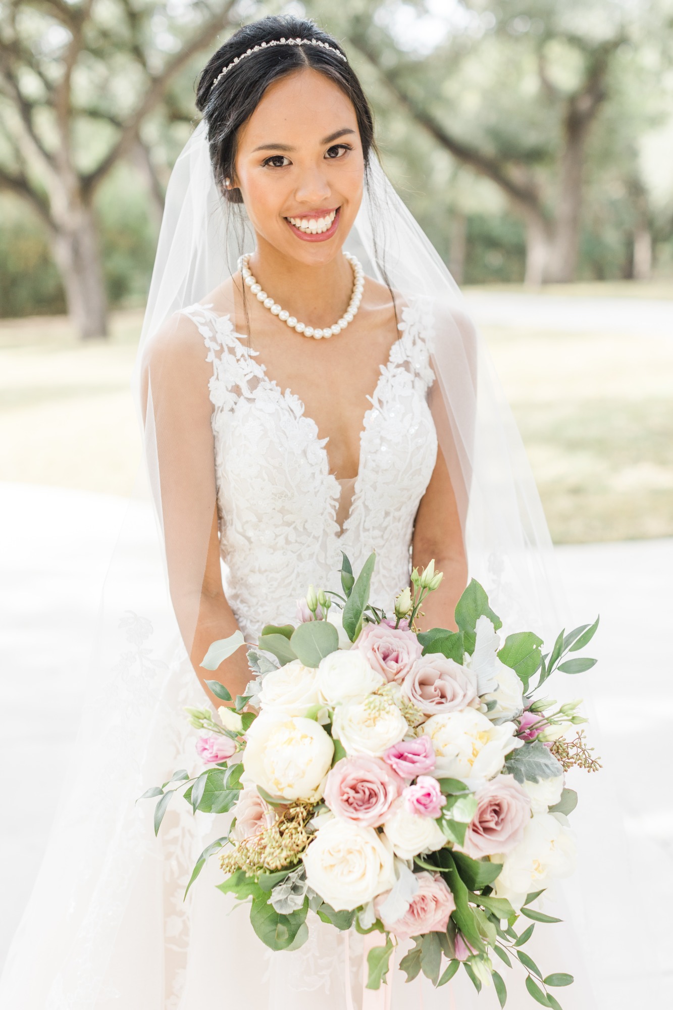 blush, white and green wedding bouquet