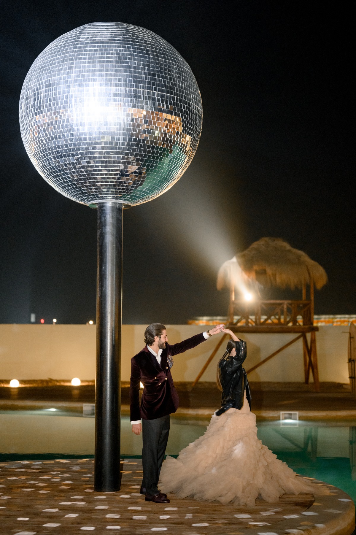 giant disco ball at wedding venue