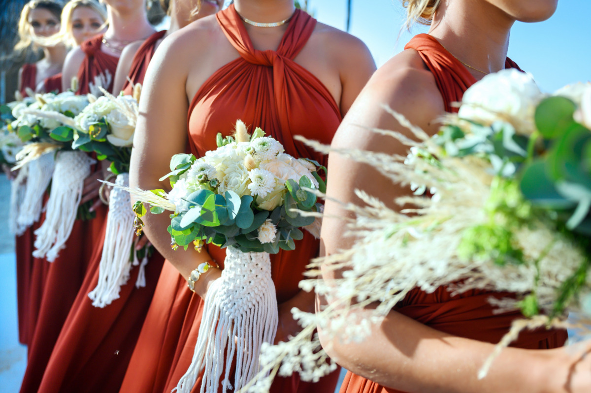terracotta wrap wedding dresses with macrame bouquets