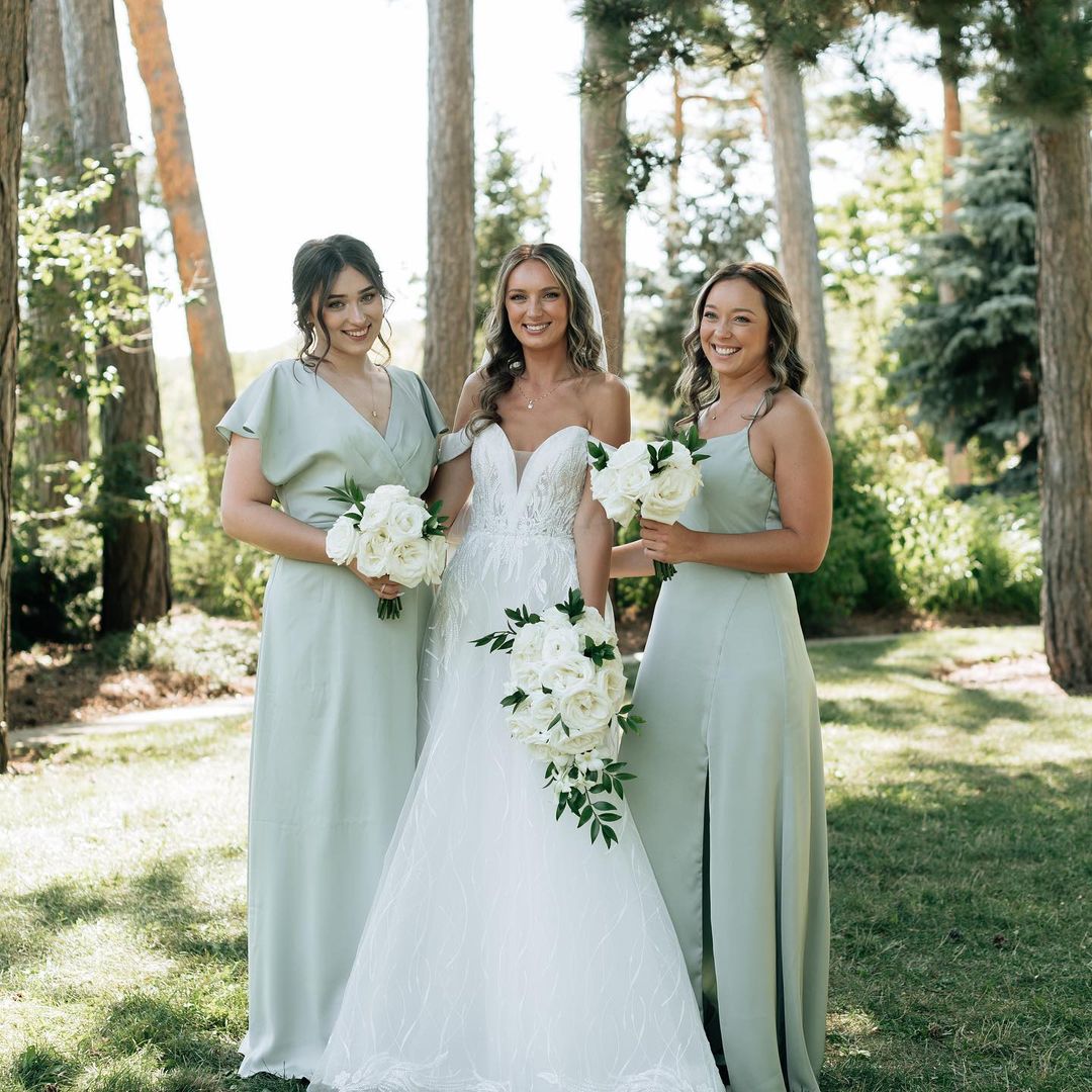 sage green bridesmaid dresses with flutter sleeves