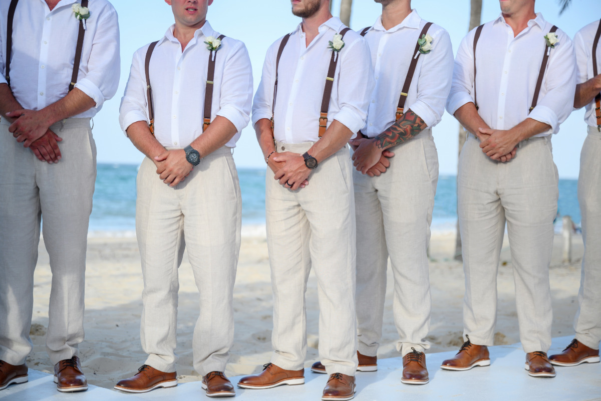 groomsmen in beige and white