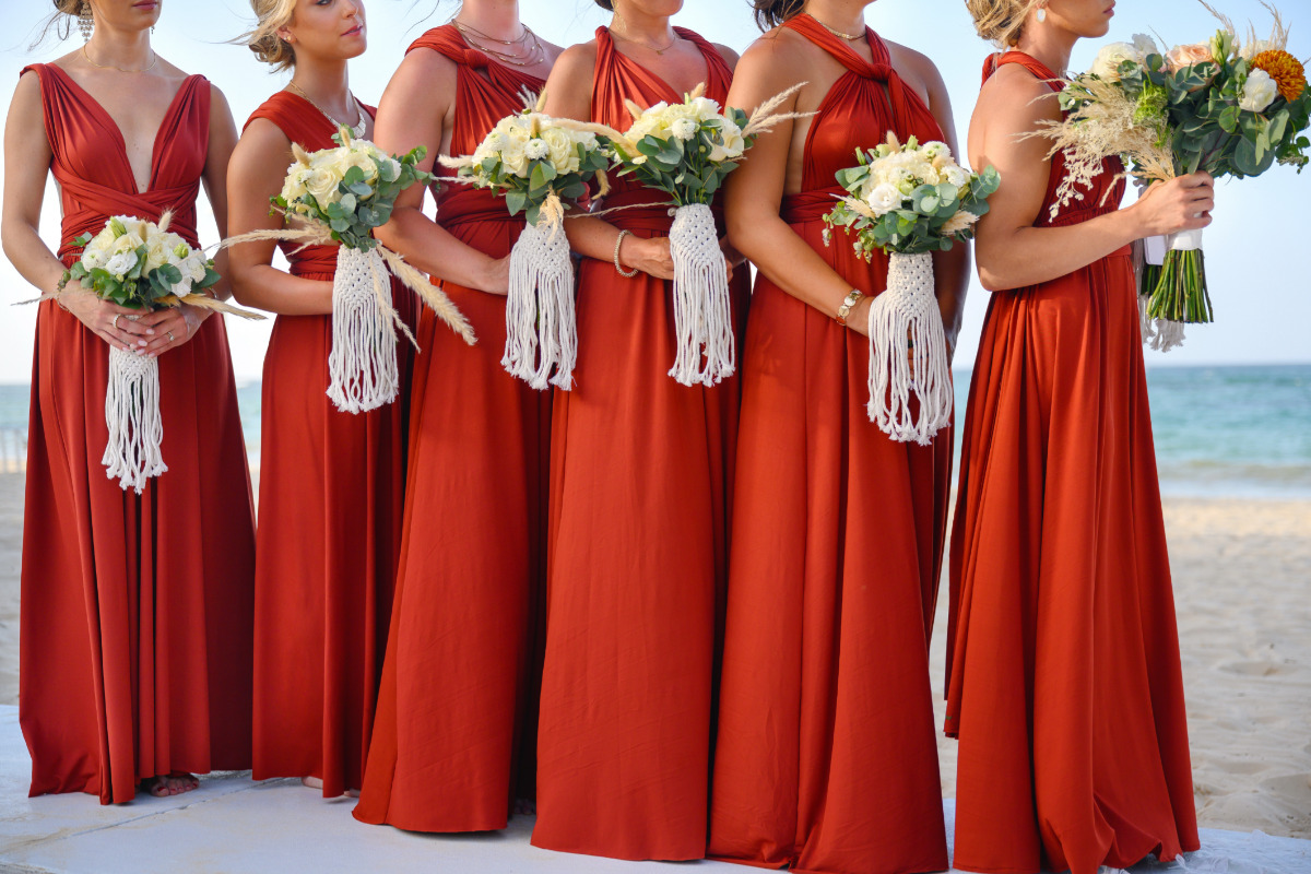terracotta wrap wedding dresses with macrame bouquets