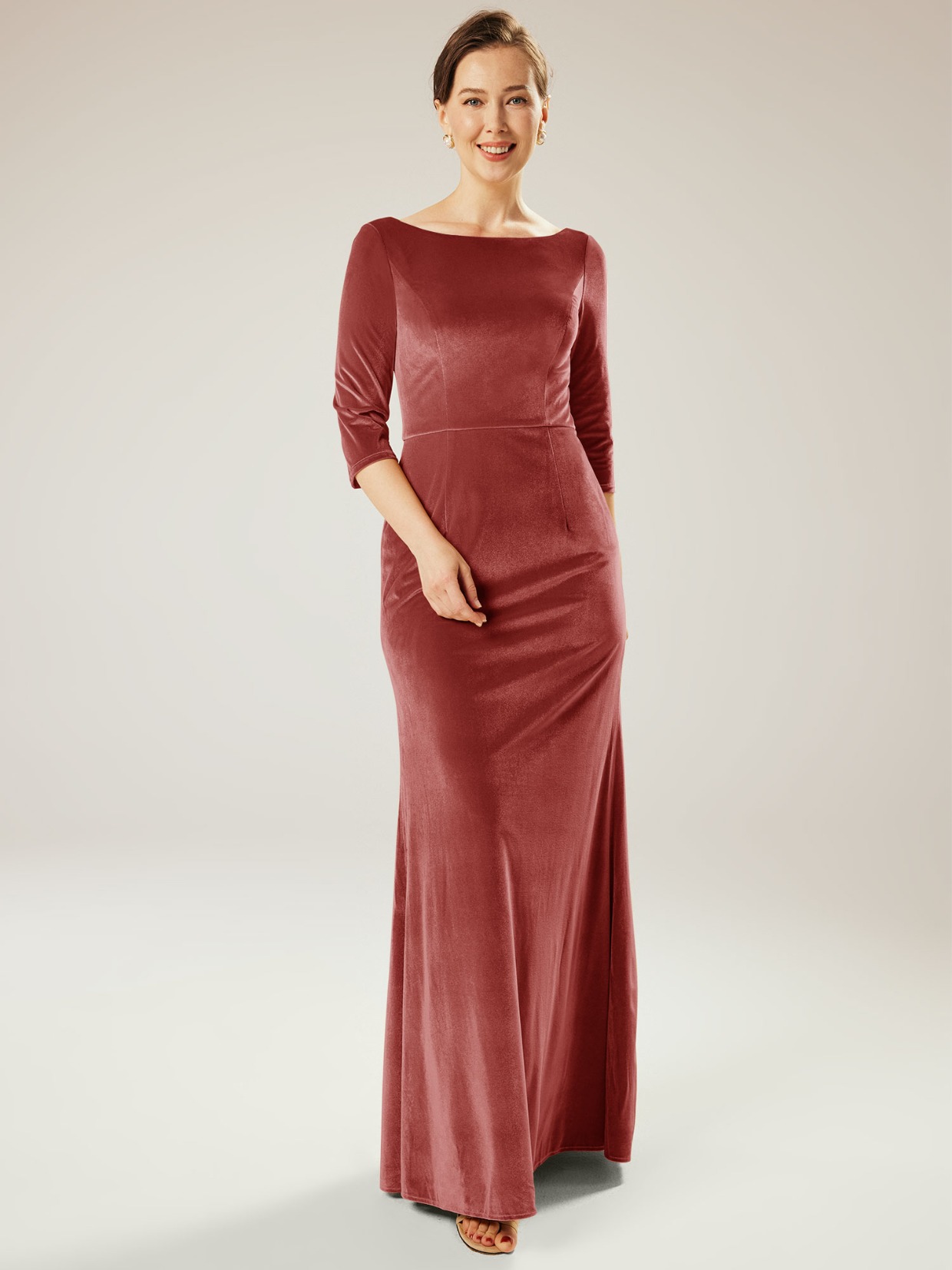 dusty rose velvet mother of the bride dress with 3/4 length sleeves
