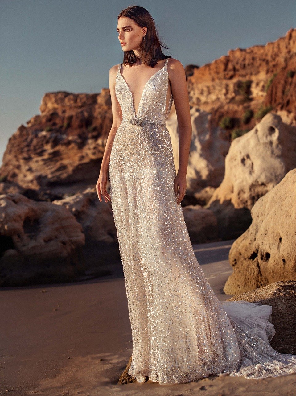 see-through sequin wedding gown with plunging neckline