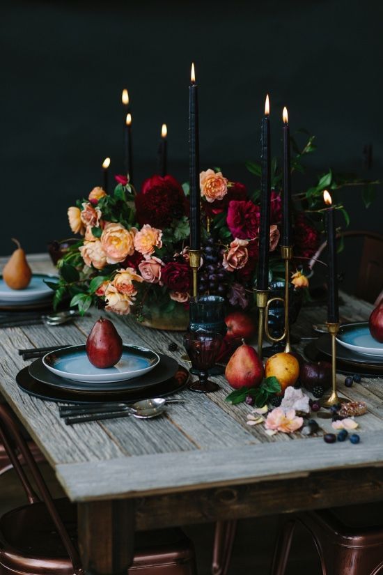 dark and moody wedding tablescape with pears