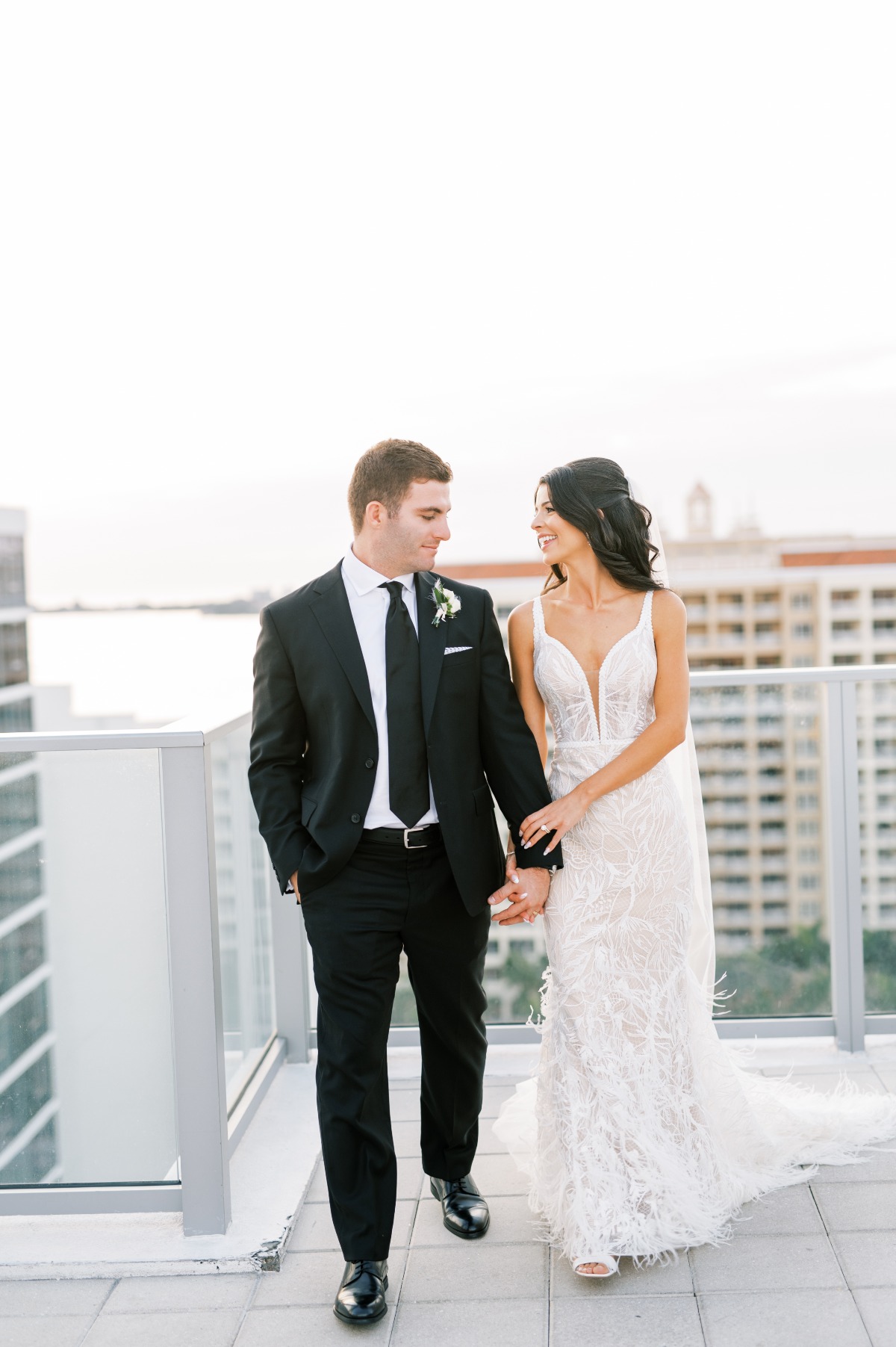 Sunset rooftop bride and groom