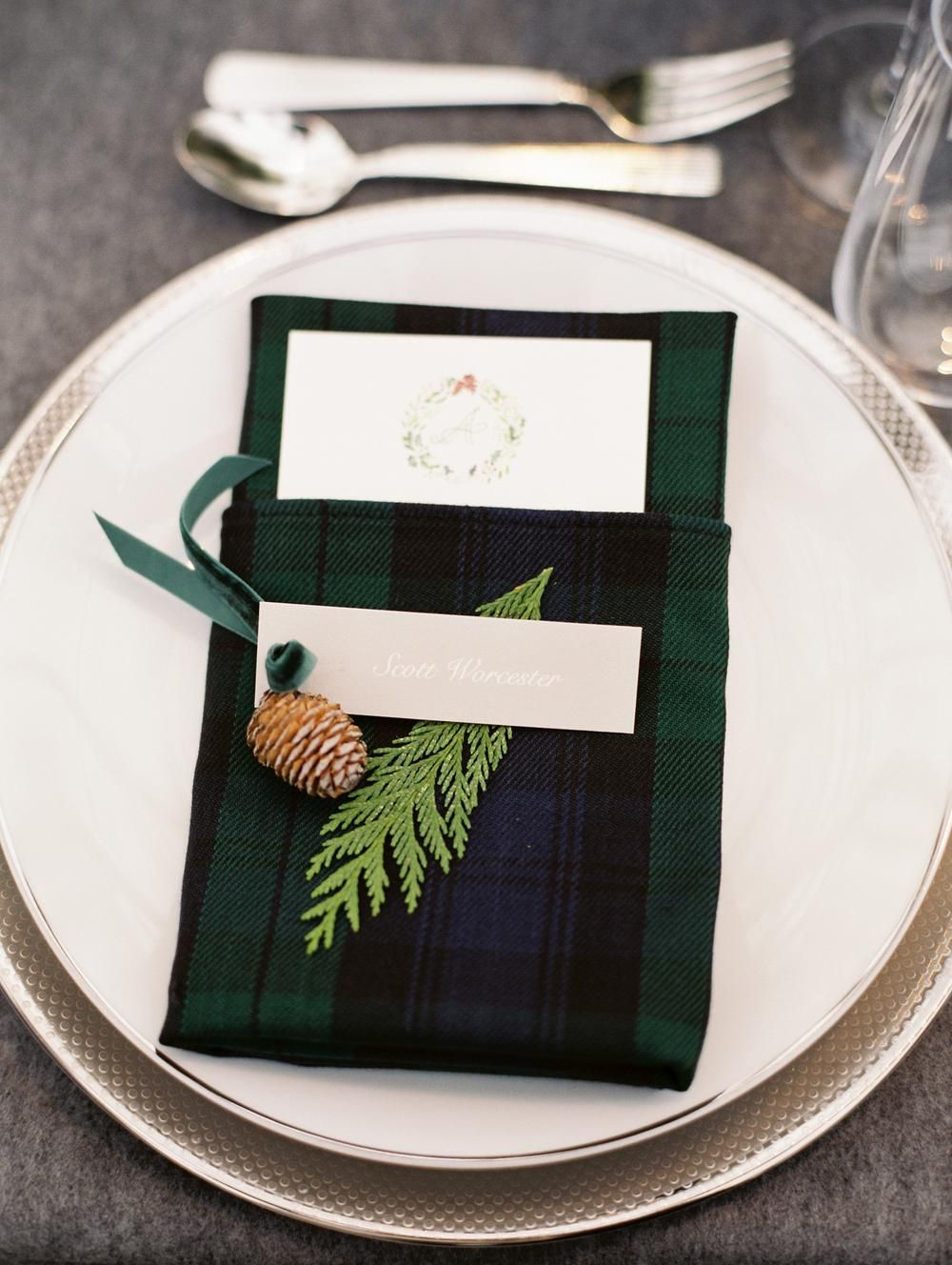 plaid and pinecone winter wedding linen ideas