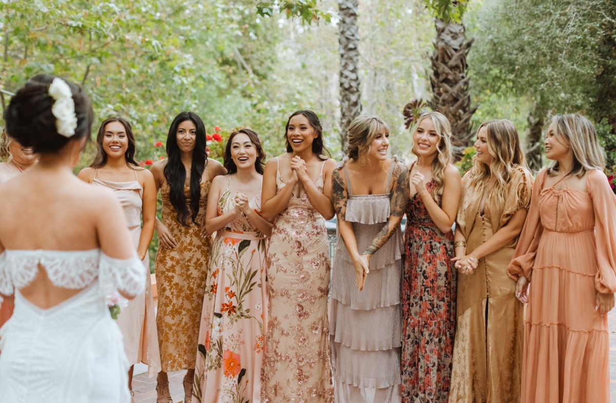 colorful patterned bridesmaid dresses