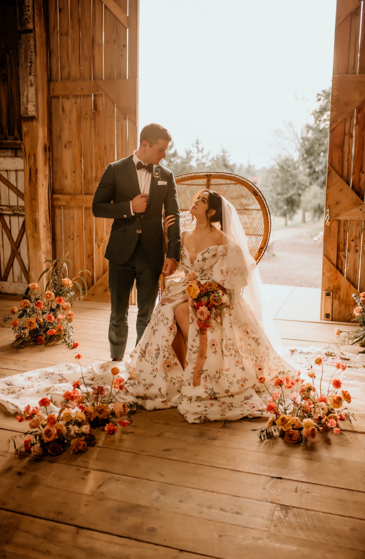 barn wedding with floral dress