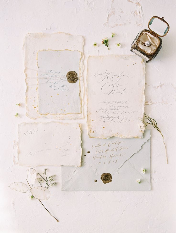 natural gold wax seal on wedding invitations