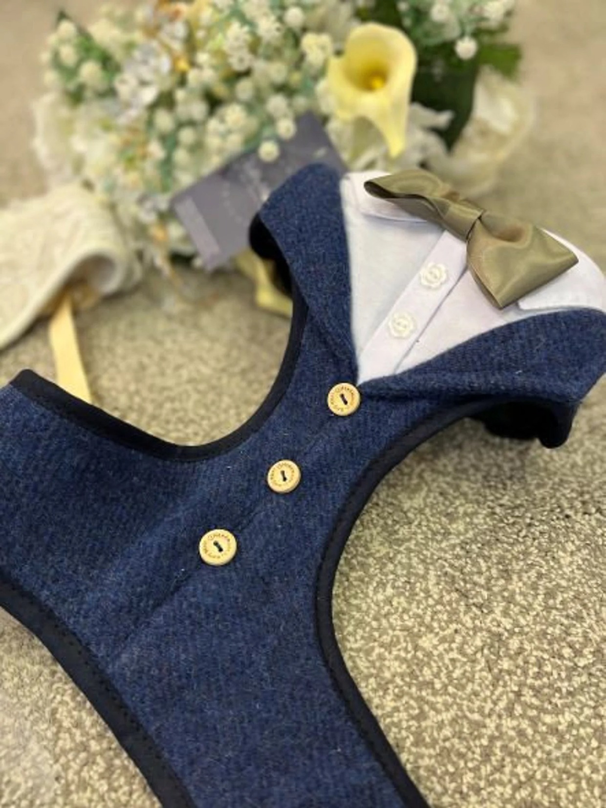 blue dog vest with bowtie for wedding