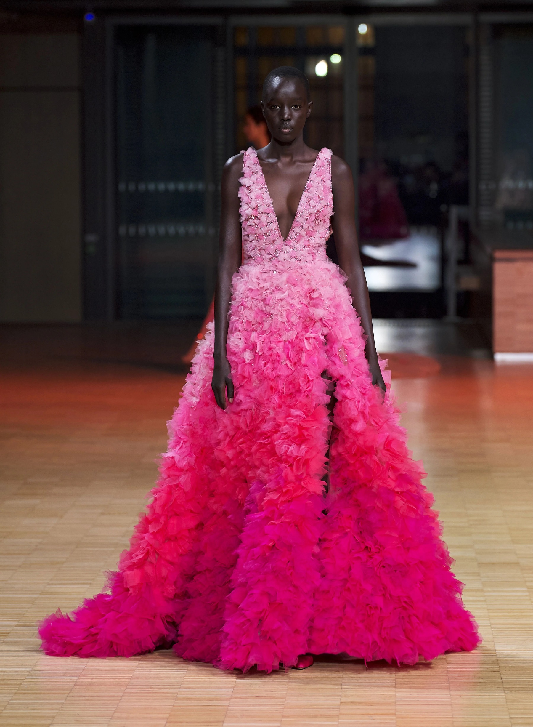 pink ombre gown with 3D flowers