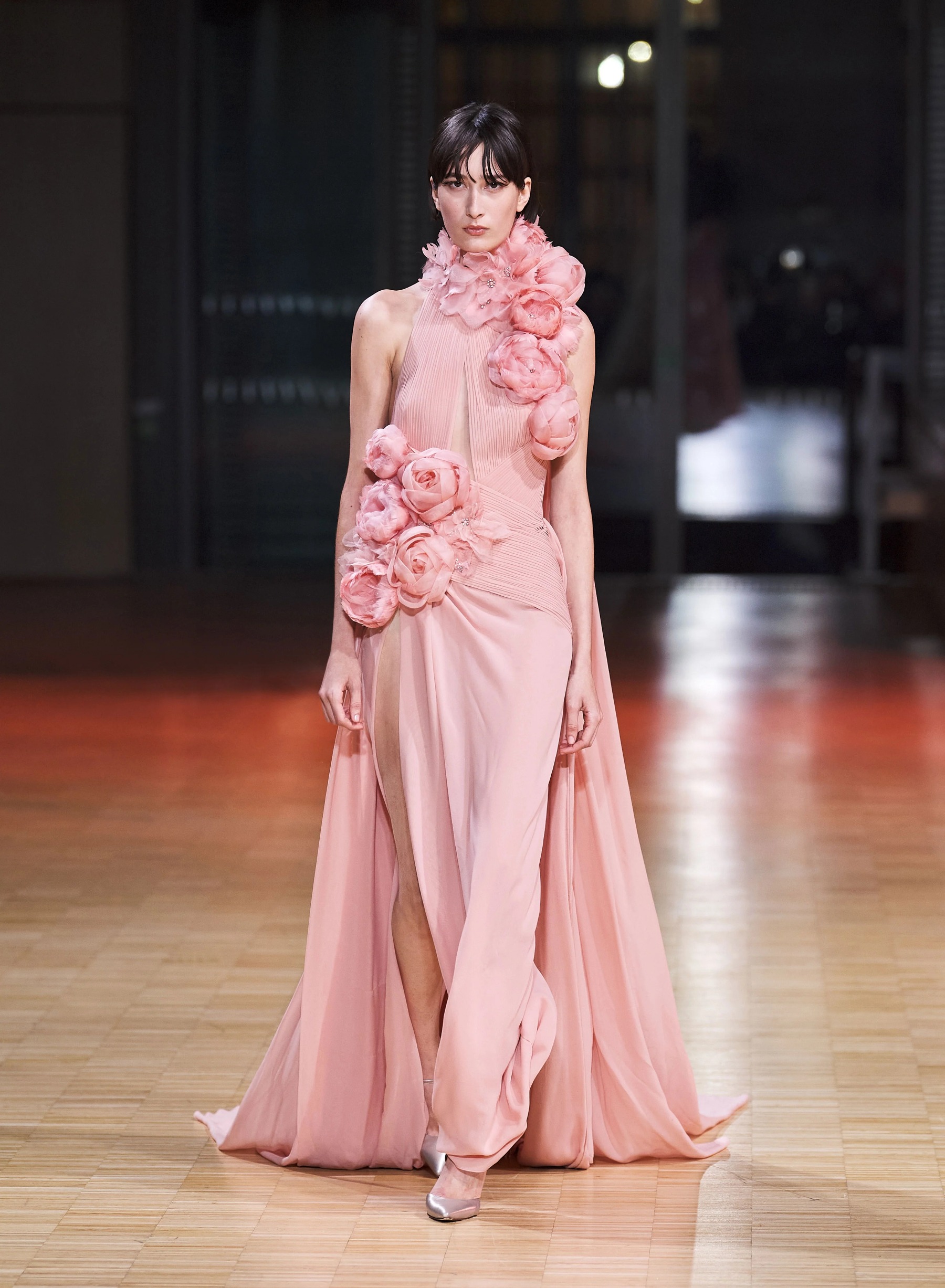 dramatic pink gown with oversized flowers
