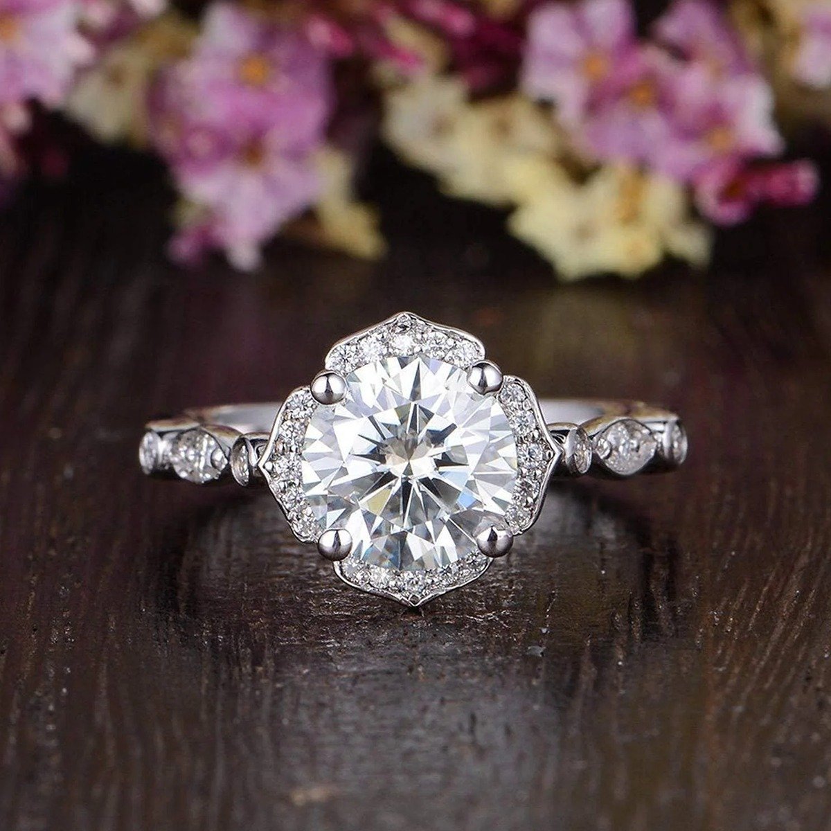 Art Deco Halo Engagement Ring by Flawless Moissanite