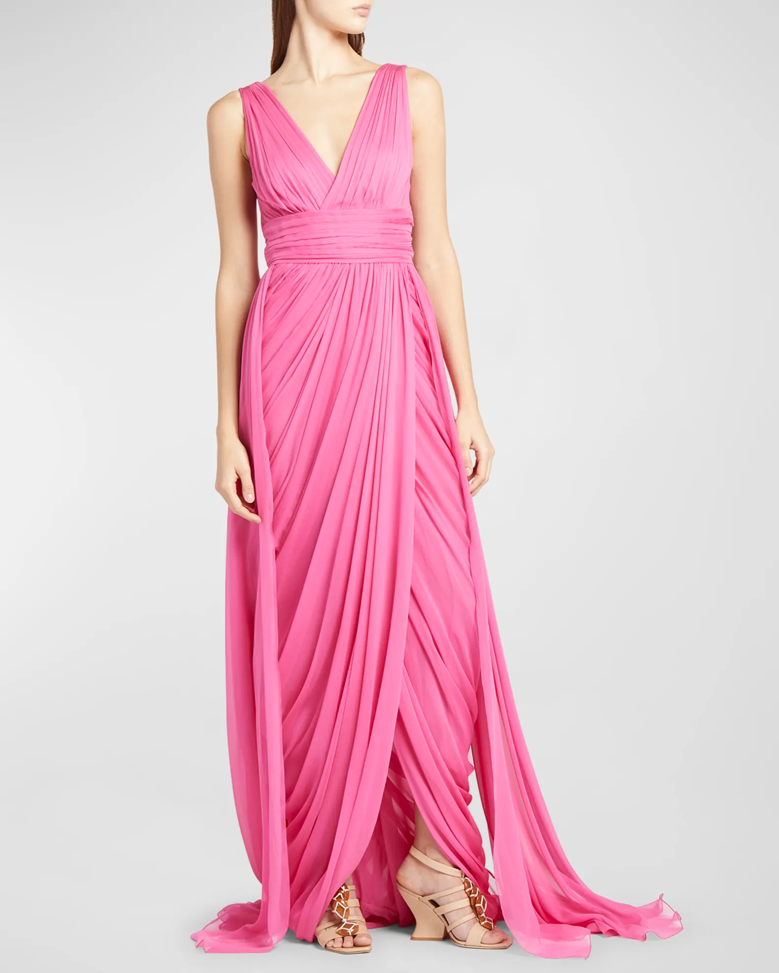 pink draped chiffon gown