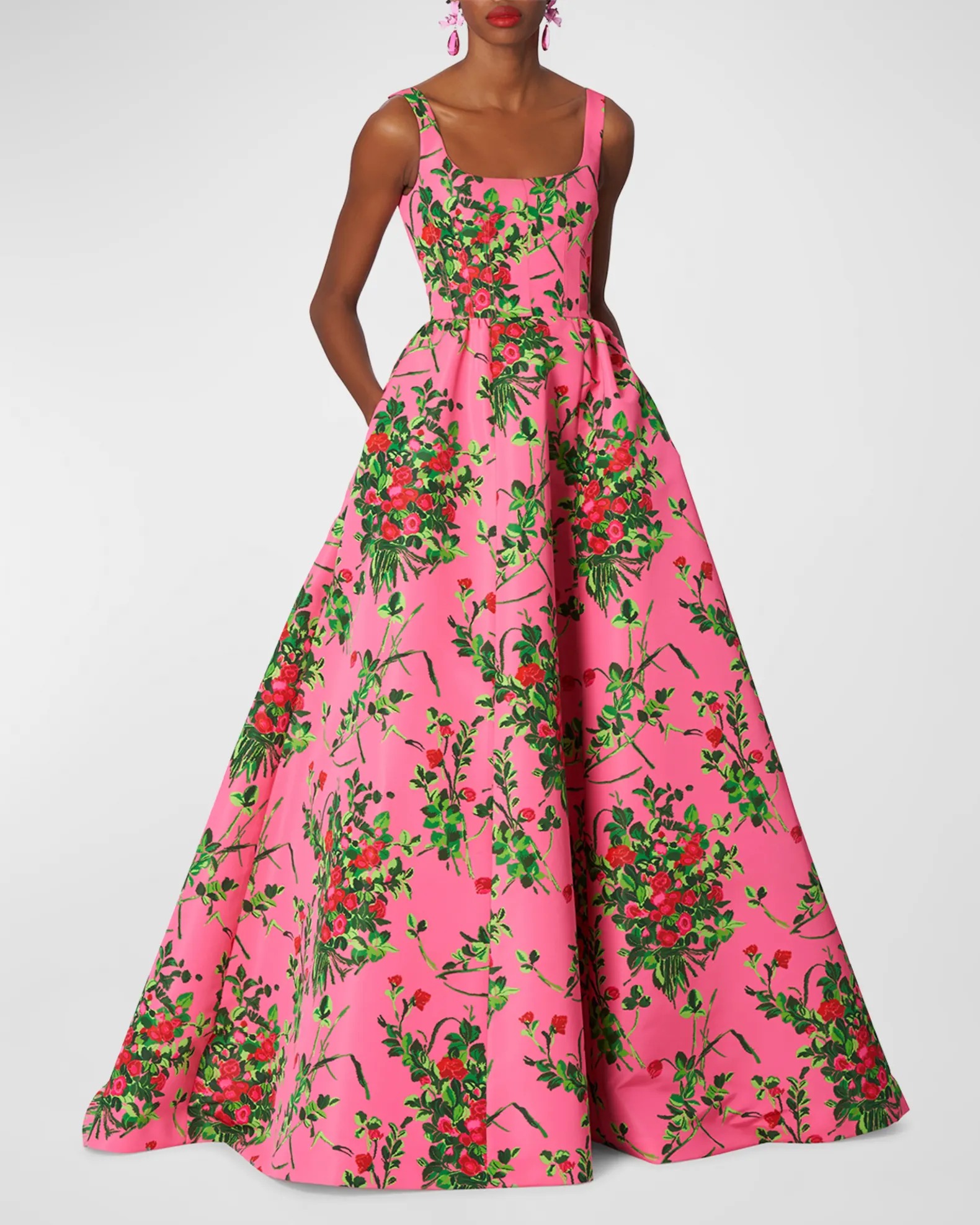 pink and red floral print gown with square neckline