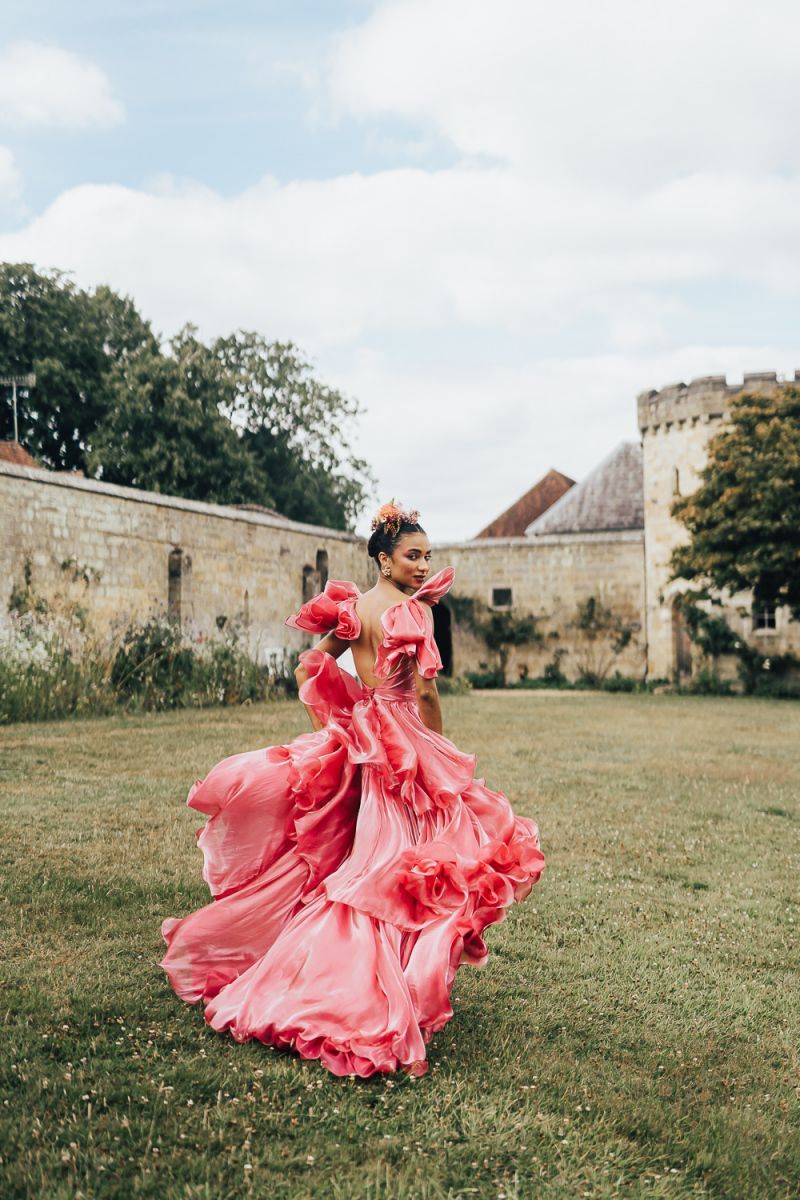 pink velvet wedding gown