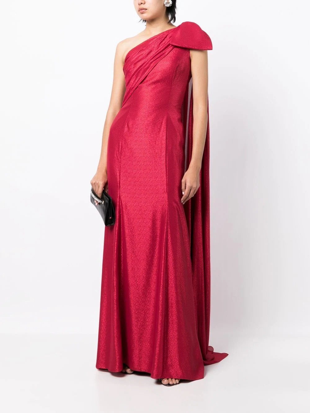 pink draped one shoulder gown with bow