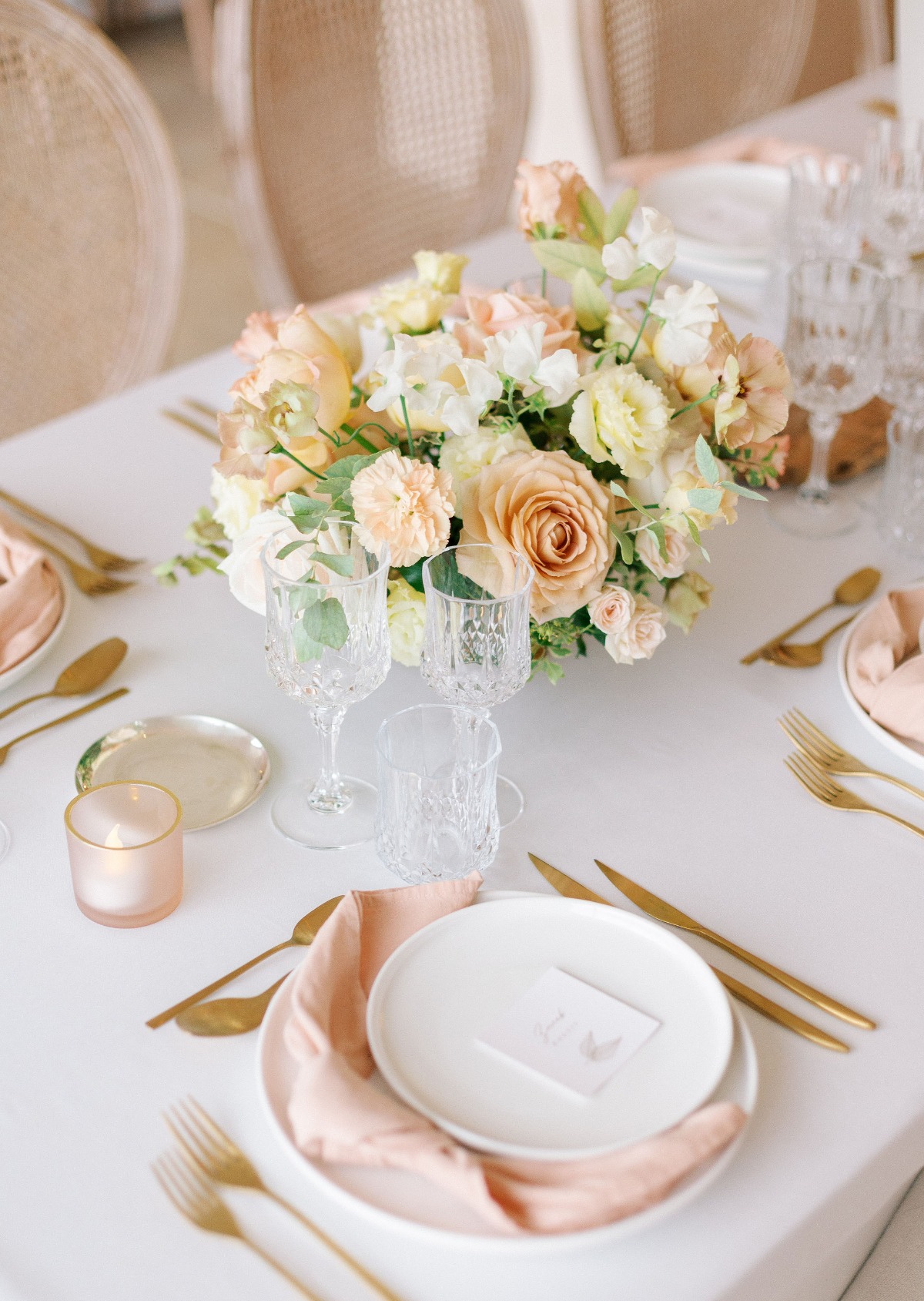 pink and gold wedding reception place settings