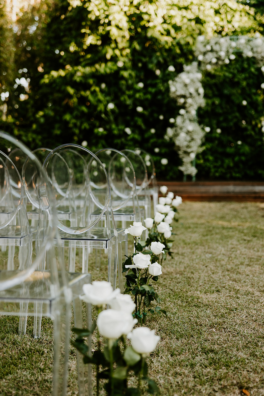 acrylic chairs with white roses down wedding aisle
