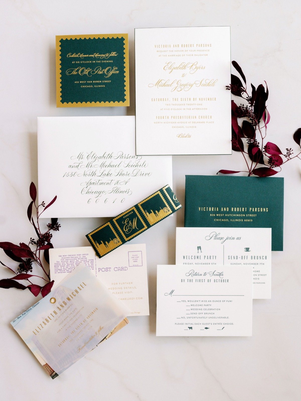 emerald green and gold stationery
