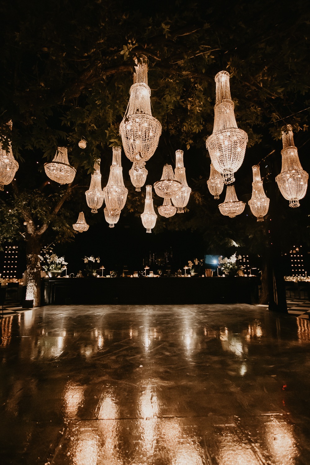 glamorous chandeliers at wedding